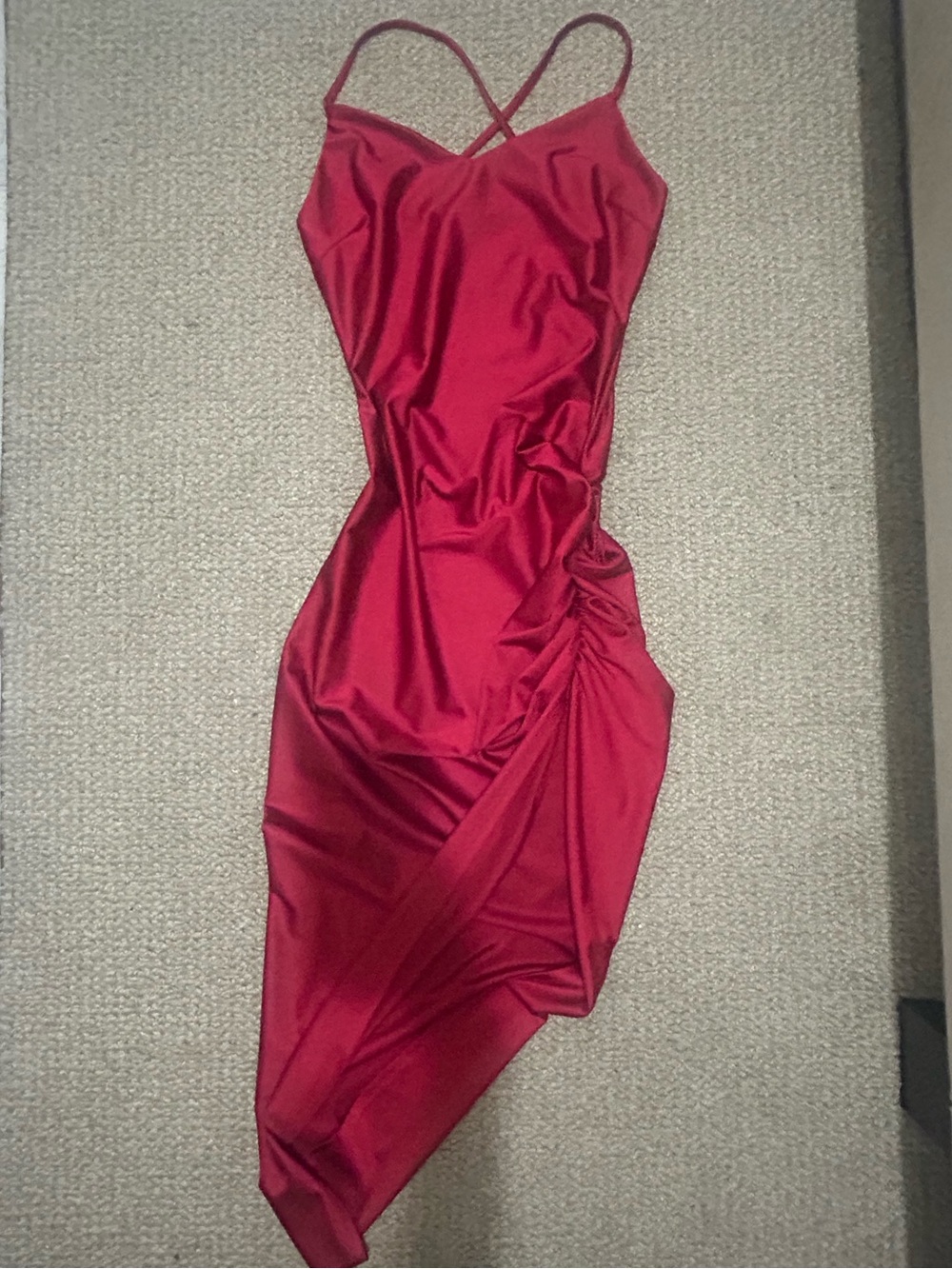 Windsor Crimson Asymmetrical Slip Dress with Ruched Side